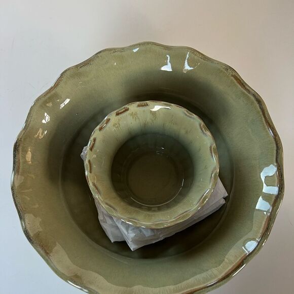 Ceramic Serving Bowl Fluted Scalloped Edge With Matching Dipping Bowl - Picture 4 of 11